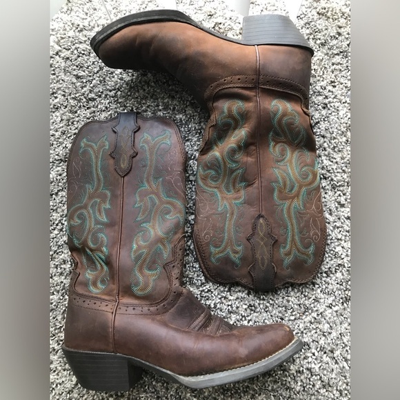 🤠Justin Durant Sorrel Apache/Turquoise Size 8 cowboy/cowgirl boot in GUC! - Picture 7 of 16